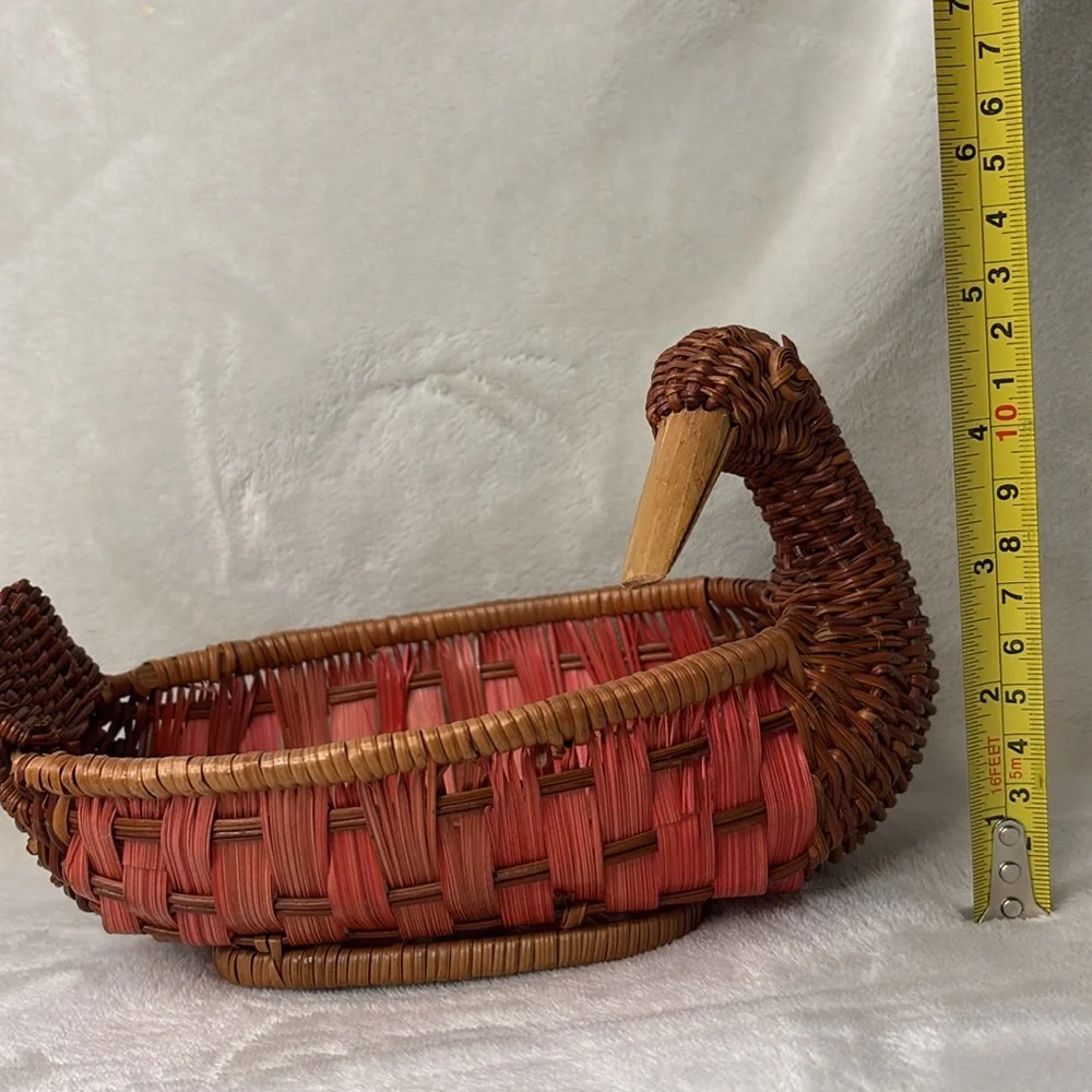 Vintage Woven Wicker Duck Basket Pink and Brown with Wood Bill Key Holder Shelf